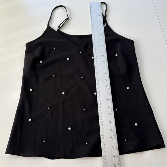 Black Camisole Tank Top Pearl Embellished Sheer Cami Minimalist Y2K Coquette M - Picture 11 of 11